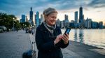 Turystka z Pienin z telefonem z eSIM na nabrzeżu w Chicago